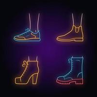 Women autumn shoes neon light icons set. Female formal and casual footwear. Stylish unisex trainers, lita. Fashionable spring, winter boots. Glowing signs. Vector isolated illustrations