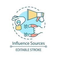 Influence sources concept icon. Customer attraction strategy idea thin line illustration. Clients retention. Advertising campaign. Marketing. Vector isolated outline drawing. Editable stroke