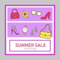 Summer collection sale social media post mockup. Clothing store discount. Accessories, shoes. Ad web banner template. Social network booster, content layout. Promotion frame with copyspace, headline vector