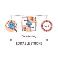icono de concepto de prueba de código. determinar la idoneidad del código. examen del programa. búsqueda de errores de software idea ilustración de línea fina. dibujo de contorno aislado vectorial. trazo editable vector