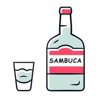 Sambuca grey color icon. Bottle and shot glass with drink. Italian anise-flavoured liqueur. Alcoholic beverage consumed for cocktails, straight. Isolated vector illustration