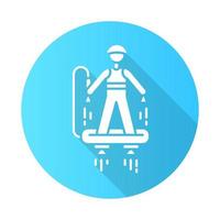 Flyboarding blue flat design long shadow glyph icon. Watersports, extreme and dangerous modern leisure. Recreational outdoor activity. Hydroflight sport. Vector silhouette illustration