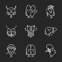 Sad human internal organs characters chalk icons set. Unhealthy cardiovascular, urinary, reproductive, digestive, respiratory, nervous, lymphatic systems. Isolated vector chalkboard illustrations
