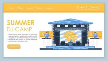 Summer DJ camp landing page vector template. Dance music festival website interface idea with flat illustrations. Open air concert homepage layout. Sound party web banner, webpage cartoon concept