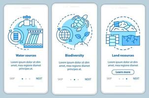 plantilla de vector de pantalla de página de aplicación móvil de incorporación de recursos terrestres. fuentes de agua y tierra, biodiversidad. paso a paso del sitio web con ilustraciones lineales. concepto de interfaz de teléfono inteligente ux, ui, gui