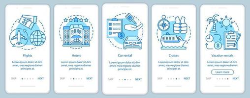 pantalla de la página de la aplicación móvil de incorporación azul del planificador de viajes con conceptos lineales. vuelos, hotel, rentas vacacionales, pasos de tutorial, instrucciones gráficas. ux, ui, plantilla de vector de interfaz gráfica de usuario con ilustraciones