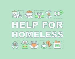 Help for homeless word concepts banner. Emergency shelters, food donation. Charity for beggars. Presentation, website. Isolated lettering typography idea with linear icons. Vector outline illustration