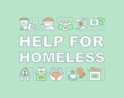 Help for homeless word concepts banner. Emergency shelters, food donation. Charity for beggars. Presentation, website. Isolated lettering typography idea with linear icons. Vector outline illustration