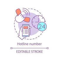 Hotline number concept icon. 24-hour telephone support idea thin line illustration. Violence, suicide prevention. Call center, helpline. Vector isolated outline drawing. Editable stroke