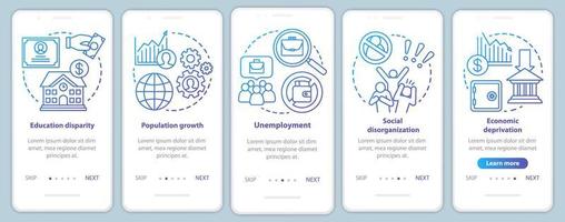 Social problems onboarding mobile app page screen with linear concepts. Unemployment, economic deprivation, population growth walkthrough graphic instructions. UX, UI, GUI vector template with icons