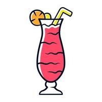 Cocktail in hurricane glass red color icon. Refreshing alcohol drink for party. Tumbler with tall beverage, slice of lemon, straw. Mixed liquid with rum and fruit juice. Isolated vector illustration