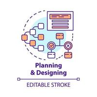 icono de concepto de planificación y diseño. Ilustración de línea fina de idea de algoritmo de operación del sistema. estructura de trabajo, informe. sistematización de requerimientos. dibujo de contorno aislado vectorial. trazo editable vector