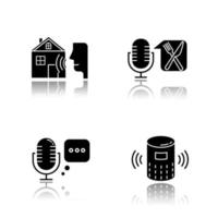 Remote control system drop shadow black glyph icons set. Virtual assistance. Microphones, speaker. Speech recognition equipment. Smart home technology, food order. Isolated vector illustrations