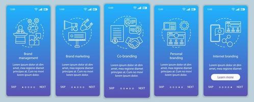 Branding types onboarding mobile app page screen vector template. Brand marketing. Personal, internet branding. Walkthrough website steps, linear illustration. UX, UI, GUI smartphone interface concept