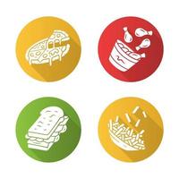 Conjunto de iconos de glifo de larga sombra de diseño plano de comida rápida. pizza, papas fritas, muslos de pollo, sándwich. cocina italiana y americana. platos grasos. restaurante, menú de cafetería. ilustración de silueta de vector