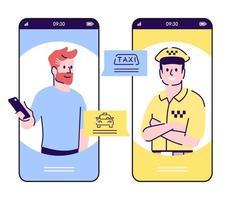 llame a la pantalla de la aplicación de dibujos animados del teléfono inteligente del servicio de taxi. pantallas de teléfonos móviles con maqueta de diseño de personajes planos de conductor de coche. hombre ordenando interfaz de aplicación de teléfono de automóvil. ilustración vectorial vector