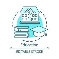 Education concept icon. Knowledge transfer. Teaching, learning skills. School building, books, graduation cap idea thin line illustration. Vector isolated outline drawing. Editable stroke