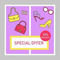 Special offer social media posts mockup. Clothing store sale, discount. Adg web banner design template. Social network booster, content layout. Promotion border, frame with copyspace, headlines, icons vector