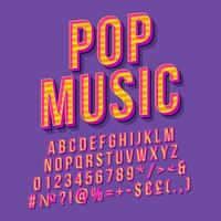 Pop music vintage 3d vector lettering. Retro bold font, typeface. Pop art stylized text. Old school style letters, numbers, symbols, elements pack. 90s, 80s poster, banner. Purple color background