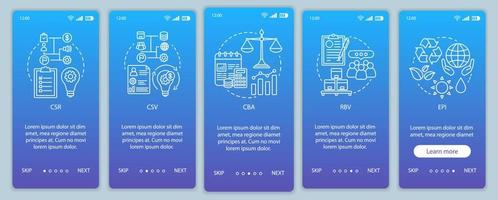 Business concepts onboarding mobile app page screen vector template. CSR. Corporate principles. Business ethics. Walkthrough website steps with linear illustrations. UX, UI, GUI smartphone interface