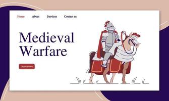 Medieval warfare landing page vector template. Military history website interface idea with flat illustrations. Knighthood homepage layout. Middle Ages web banner, webpage cartoon concept