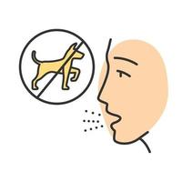 Dog allergy color icon. Allergic reaction of body. Allergenic pet dander, saliva and fur. Ban of dogs. Respiratory disease caused by animal allergens. Isolated vector illustration