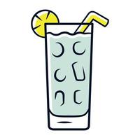 Cocktail in highball glass grey color icon. Summer icy refreshing soft drink with slice of lemon and straw. Tumbler with tall mixed drink. Gin and tonic. Isolated vector illustration