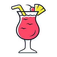 Pina colada red color icon. Footed glass with drink, slice of fruit and straw. Refreshing alcohol beverage. Sweet mix with rum and pineapple juice. Isolated vector illustration