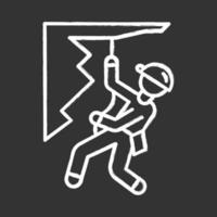 Mountain climbing chalk icon. Mountaineering. Abseiling, rappelling descend. Spelunking. Person descending off cliff face. Mountaineer sliding down rope. Isolated vector chalkboard illustration