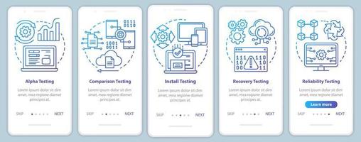 prueba de rendimiento de software incorporación de plantilla de vector de pantalla de página de aplicación móvil. control de calidad del programa. paso a paso del sitio web con ilustraciones lineales. concepto de interfaz de teléfono inteligente ux, ui, gui