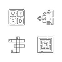 Puzzles and riddles linear icons set. Missing letter game. Maze, labirynth. Crossword. Logic games. Brain teaser. Thin line contour symbols. Isolated vector outline illustrations. Editable stroke