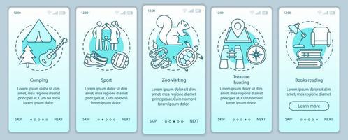 Family time together onboarding mobile app page screen vector template. Zoo visiting. Walkthrough website steps with linear illustrations. Sport and camping. UX, UI, GUI smartphone interface concept