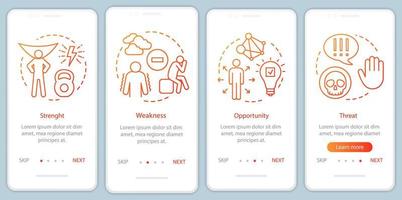 SWOT analysis orange gradient onboarding mobile app page screen vector template. Strength, weakness walkthrough website steps with linear illustrations. UX, UI, GUI smartphone interface concept