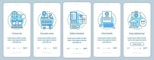 Tourism onboarding mobile app page screen vector template. City route event. Excursion, sightseeing. Walkthrough website steps with linear illustrations. UX, UI, GUI smartphone interface concept