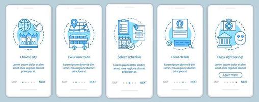 Plantilla de vector de pantalla de página de aplicación móvil de incorporación de turismo. evento de ruta de la ciudad. excursión, turismo. paso a paso del sitio web con ilustraciones lineales. concepto de interfaz de teléfono inteligente ux, ui, gui