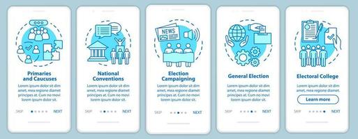 Elections onboarding mobile app page screen with linear concepts. Politics and social events. Five walkthrough steps graphic instructions. UX, UI, GUI vector template with illustrations