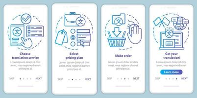 plantilla de vector de pantalla de página de aplicación móvil de incorporación azul proceso de servicio de traducción. seleccione plan de precios. paso a paso del sitio web con ilustraciones lineales. concepto de interfaz de teléfono inteligente ux, ui, gui