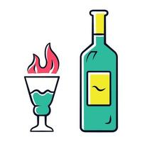 Absinthe green color icon. Bottle and tall footed glass with flaming shot. Distilled highly alcoholic beverage. Herbal liquor. Alcohol bar drink, booze. Isolated vector illustration