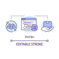 DevOps concept icon. Development and operations. Collaboration for coding needed. Relationship in development team idea thin line illustration. Vector isolated outline drawing. Editable stroke