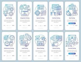 Software testing onboarding mobile app page screen vector template. Performance and usability analysis. Walkthrough website steps with linear illustrations. UX, UI, GUI smartphone interface concept