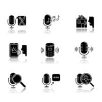 Voice control system drop shadow black glyph icons set. Sound requests idea. Different microphones. Music recognition, sound record. Virtual asisstance, voice commands. Isolated vector illustrations