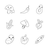 Vegetables cute kawaii linear characters. Happy avocado and peas. Smiling potato and beetroot. Thin line icon set. Vector isolated outline illustration. Editable stroke