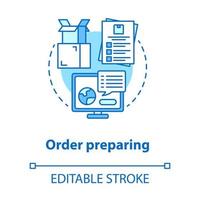 Order preparing blue concept icon. Goods dispatch idea thin line illustration. Preparation parcels for transportation. Checking data in computer. Vector isolated outline drawing. Editable stroke