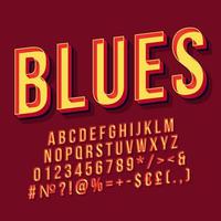 Blues vintage 3d vector lettering. Retro bold font, typeface. Pop art stylized text. Old school style letters numbers, symbols, elements pack. 90s, 80s poster, banner. Maroon color background