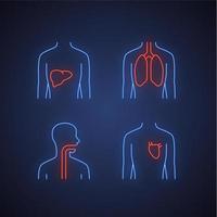 Healthy human organs neon light icons set. Liver and lungs in good health. Functioning heart. Wholesome throat. Internal body parts in good shape. Glowing signs. Vector isolated illustrations