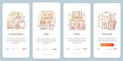 Making sales onboarding mobile app page screen vector template. Customer detail, order, invoice, deal walkthrough website steps with linear illustrations. E-commerce. UX, UI, GUI smartphone interface