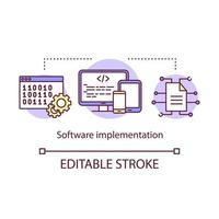 Software implementation concept icon. Computer programming and deployment. Creating apps for smartphones and tablets idea thin line illustration. Vector isolated outline drawing. Editable stroke