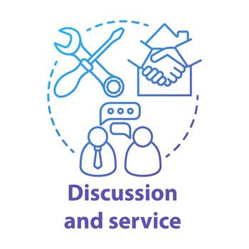 Discussion and service blue gradient concept icon. Smart house customer support idea thin line illustration. Helping with innovative technology problems. Vector isolated outline drawing