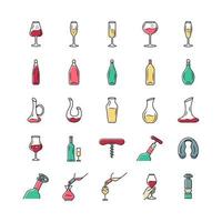 Wine and wineglasses icons set. Different types of glassware and alcohol beverages. Decanters, bottles, barman tools. Aperitif drinks, cocktails. Isolated vector illustrations