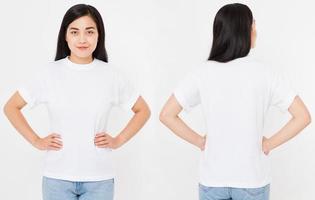 Front and back views of young asian japanese sexy woman in stylish tshirt on white background. Mock up for design. Copy space. Template. Blank photo